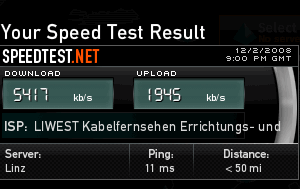 Testergebnisse der aktuellen Internetverbindung mit speedtest.net